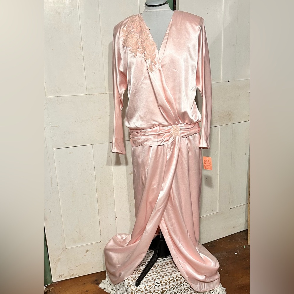 NOSWT Vintage Mendicino Pink Satin Gown Made in USA 1989 ILGWU Beaded Ornaments
